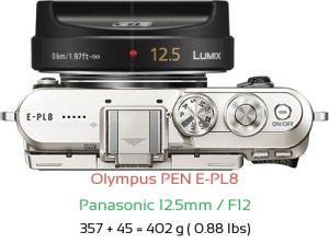 Olympus E-PL8 with Panasonic 12.5mm / F12 Lens Size