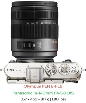Olympus E-PL8 with Panasonic 14-140mm F4-5.8 OIS Lens Size
