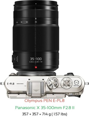Olympus E-PL8 with Panasonic X 35-100mm F2.8 II Lens Size