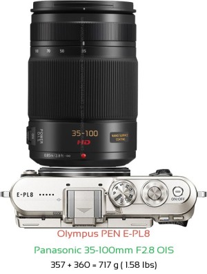 Olympus E-PL8 with Panasonic 35-100mm F2.8 OIS Lens Size