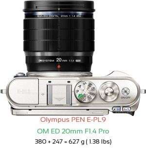 Olympus E-PL9 with OM ED 20mm F1.4 Pro Lens Size
