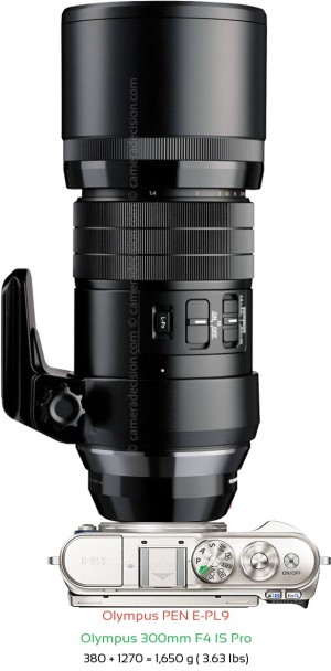 Olympus E-PL9 with Olympus 300mm F4 IS Pro Lens Size