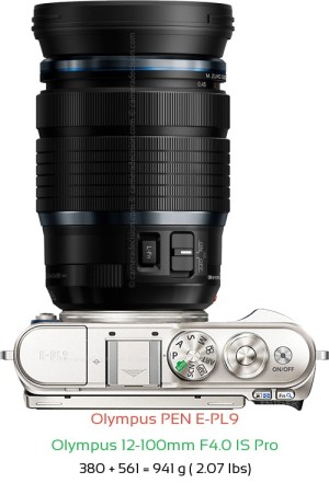 Olympus E-PL9 with Olympus 12-100mm F4.0 IS Pro Lens Size