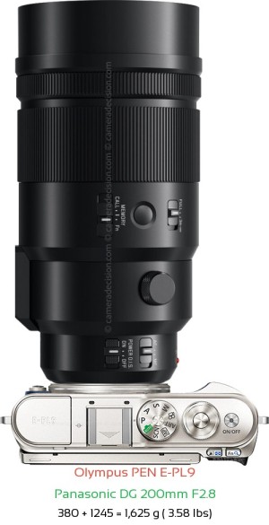 Olympus E-PL9 with Panasonic DG 200mm F2.8 Lens Size