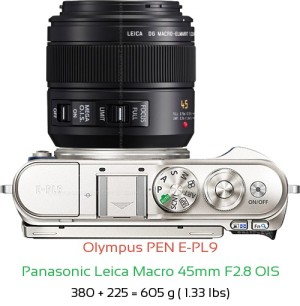 Olympus E-PL9 with Panasonic Leica Macro 45mm F2.8 OIS Lens Size