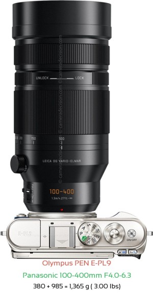 Olympus E-PL9 with Panasonic 100-400mm F4.0-6.3 Lens Size