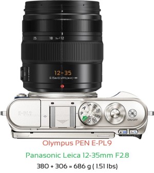 Olympus E-PL9 with Panasonic Leica 12-35mm F2.8 Lens Size