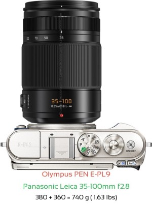 Olympus E-PL9 with Panasonic Leica 35-100mm f2.8 Lens Size