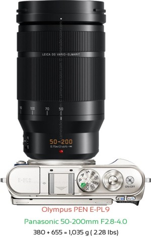 Olympus E-PL9 with Panasonic 50-200mm F2.8-4.0 Lens Size
