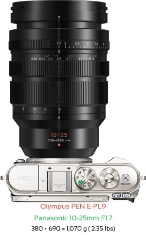 Olympus E-PL9 with Panasonic 10-25mm F1.7 Lens Size