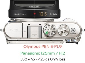 Olympus E-PL9 with Panasonic 12.5mm / F12 Lens Size