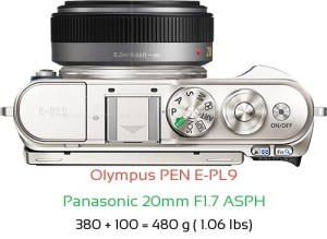 Olympus E-PL9 with Panasonic 20mm F1.7 ASPH Lens Size