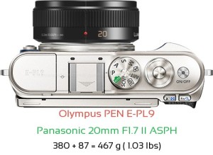 Olympus E-PL9 with Panasonic 20mm F1.7 II ASPH Lens Size