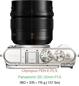 Olympus E-PL9 with Panasonic DG 12mm F1.4 Lens Size