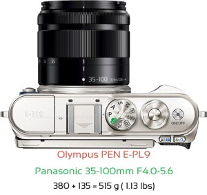 Olympus E-PL9 with Panasonic 35-100mm F4.0-5.6 Lens Size