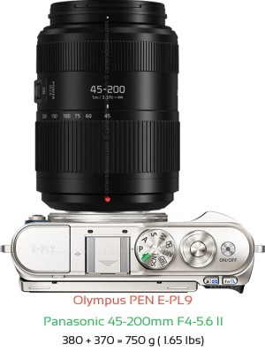Olympus E-PL9 with Panasonic 45-200mm F4-5.6 II Lens Size