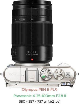 Olympus E-PL9 with Panasonic X 35-100mm F2.8 II Lens Size