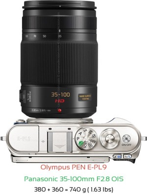 Olympus E-PL9 with Panasonic 35-100mm F2.8 OIS Lens Size