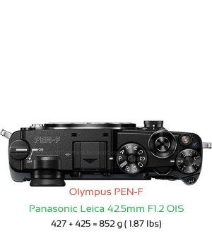 Olympus PEN-F with Panasonic Leica 42.5mm F1.2 OIS Lens Size