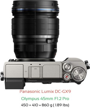 Panasonic GX9 with Olympus 45mm F1.2 Pro Lens Size