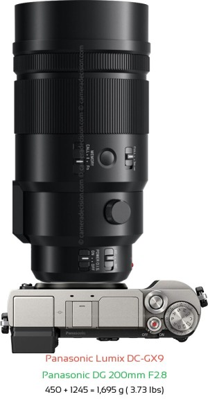 Panasonic GX9 with Panasonic DG 200mm F2.8 Lens Size