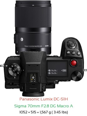 Panasonic S1H with Sigma 70mm F2.8 DG Macro A Lens Size