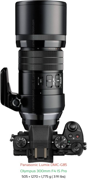 Panasonic G85 with Olympus 300mm F4 IS Pro Lens Size