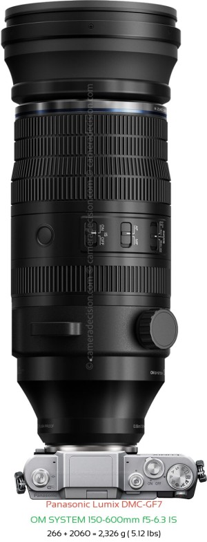 Panasonic GF7 with OM SYSTEM 150-600mm f5-6.3 IS Lens Size