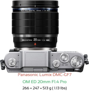 Panasonic GF7 with OM ED 20mm F1.4 Pro Lens Size