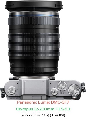 Panasonic GF7 with Olympus 12-200mm F3.5-6.3 Lens Size