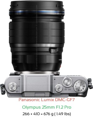 Panasonic GF7 with Olympus 25mm F1.2 Pro Lens Size