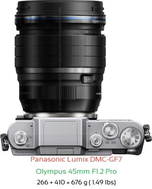 Panasonic GF7 with Olympus 45mm F1.2 Pro Lens Size