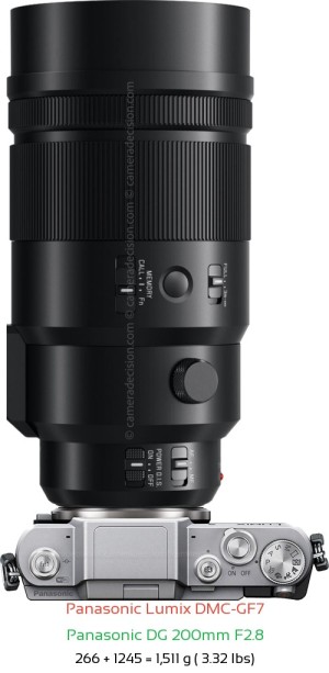 Panasonic GF7 with Panasonic DG 200mm F2.8 Lens Size