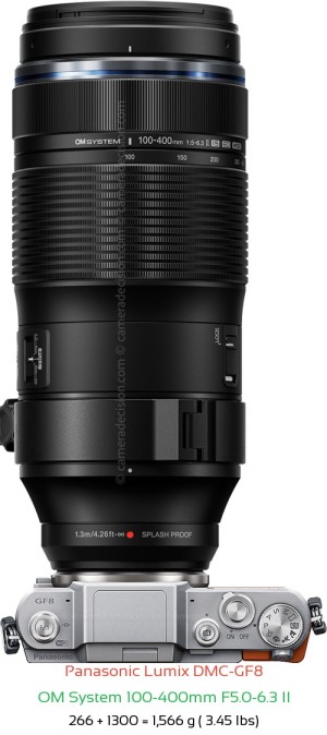 Panasonic GF8 with OM System 100-400mm F5.0-6.3 II Lens Size