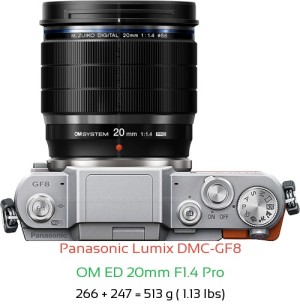 Panasonic GF8 with OM ED 20mm F1.4 Pro Lens Size