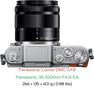 Panasonic GF8 with Panasonic 35-100mm F4.0-5.6 Lens Size