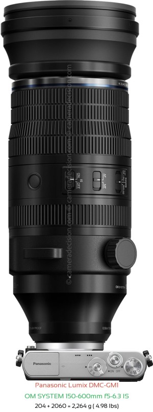 Panasonic GM1 with OM SYSTEM 150-600mm f5-6.3 IS Lens Size