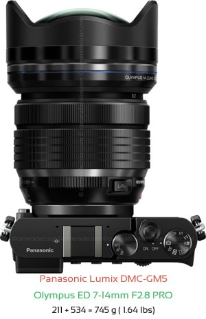 Panasonic GM5 with Olympus ED 7-14mm F2.8 PRO Lens Size