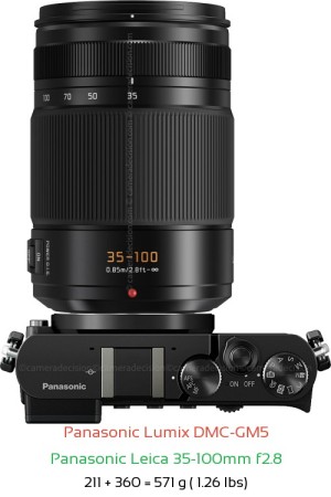Panasonic GM5 with Panasonic Leica 35-100mm f2.8 Lens Size