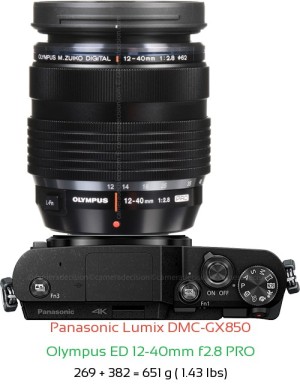 Panasonic GX850 with Olympus ED 12-40mm f2.8 PRO Lens Size
