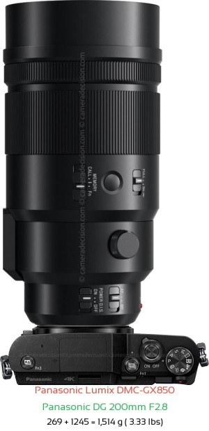 Panasonic GX850 with Panasonic DG 200mm F2.8 Lens Size