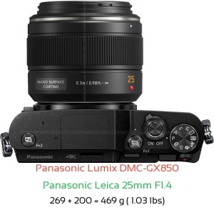 Panasonic GX850 with Panasonic Leica 25mm F1.4 Lens Size