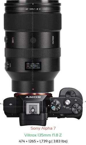 Sony A7 with Viltrox 135mm f1.8 Z Lens Size