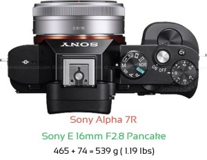 Sony A7R with Sony E 16mm F2.8 Pancake Lens Size