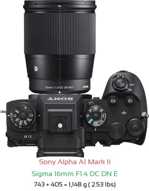 Sony A1 II with Sigma 16mm F1.4 DC DN E Lens Size