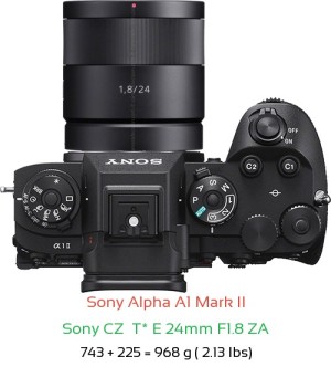 Sony A1 II with Sony CZ  T* E 24mm F1.8 ZA Lens Size