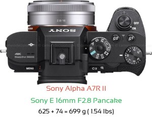 Sony A7R II with Sony E 16mm F2.8 Pancake Lens Size