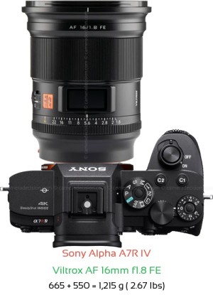 Sony A7R IV with Viltrox AF 16mm f1.8 FE Lens Size