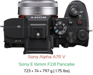 Sony A7R V with Sony E 16mm F2.8 Pancake Lens Size