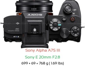 Sony A7S III with Sony E 20mm F2.8 Lens Size